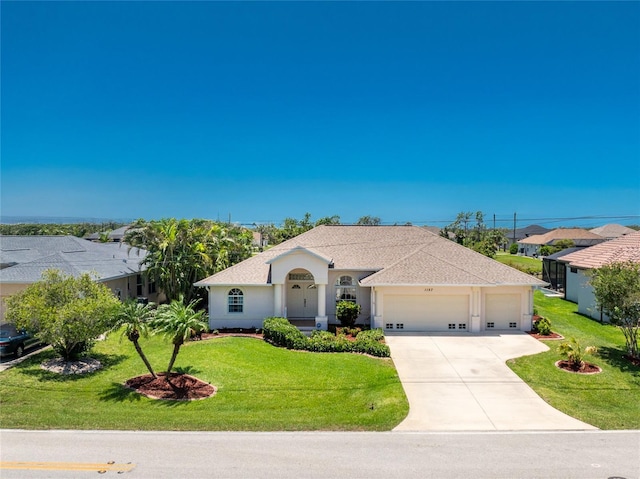 1157 Rotonda Cir, Rotonda West, FL 33947 - ranch-style house featuring an attached garage, concrete driveway, a front lawn, stucco siding, and roof with shingles