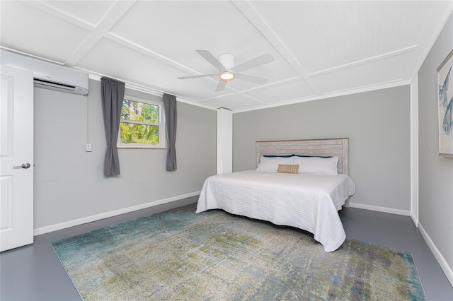 1691 Lakeview Pl, Englewood, FL 34223 - bedroom featuring baseboards, a wall mounted air conditioner, a ceiling fan, coffered ceiling, and concrete flooring