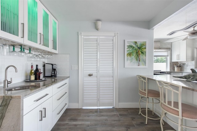 2060 Oyster Creek Dr, Englewood, FL 34224 - kitchen featuring a sink, decorative backsplash, light stone counters, wood finish floors, and white cabinetry