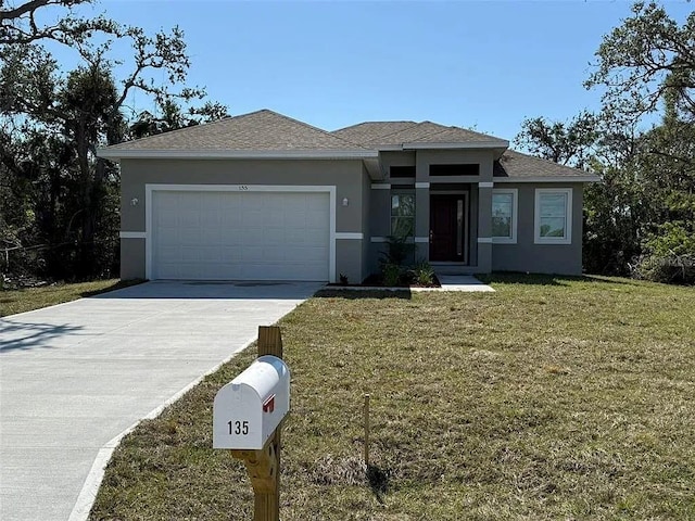 18043 Hillsborough Blvd, Port Charlotte, FL 33954 - view of front of house with stucco siding, a garage, a front lawn, concrete driveway, and roof with shingles