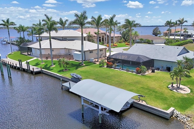 dock with a water view, a residential view, glass enclosure, and an outdoor pool