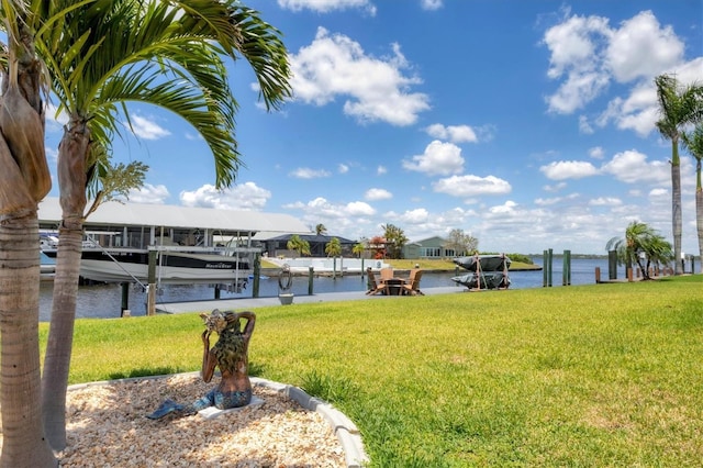 dock featuring a lawn, boat lift, and a water view