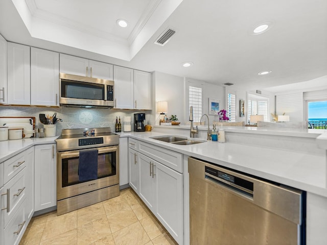420 Gulf Blvd Unit 4, Boca Grande, FL 33921 - kitchen featuring appliances with stainless steel finishes, a sink, a tray ceiling, recessed lighting, and tasteful backsplash