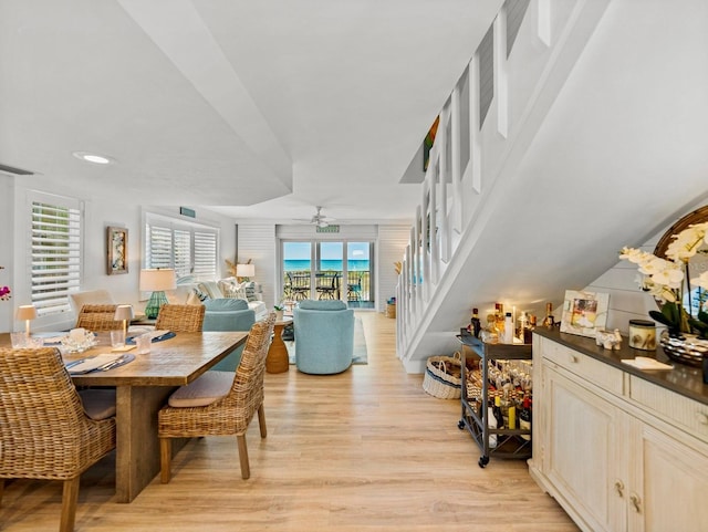 420 Gulf Blvd Unit 4, Boca Grande, FL 33921 - dining room with plenty of natural light, light wood-type flooring, ceiling fan, stairway, and recessed lighting