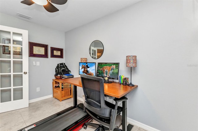 2678 Alva St, North Port, FL 34291 - office area with ceiling fan, baseboards, french doors, and tile patterned flooring