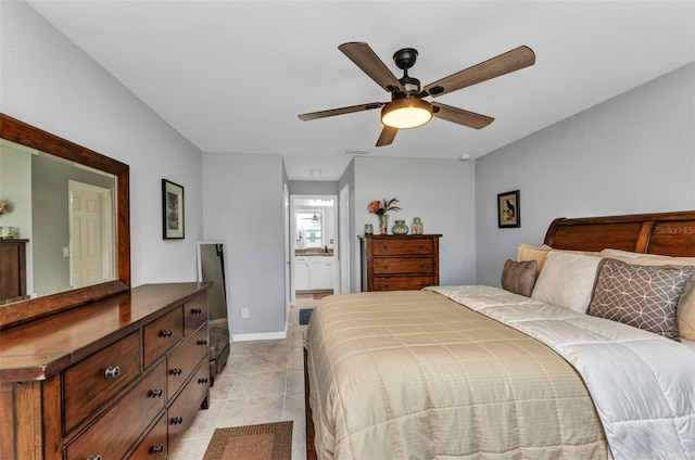 2678 Alva St, North Port, FL 34291 - bedroom with light tile patterned flooring, connected bathroom, ceiling fan, and baseboards