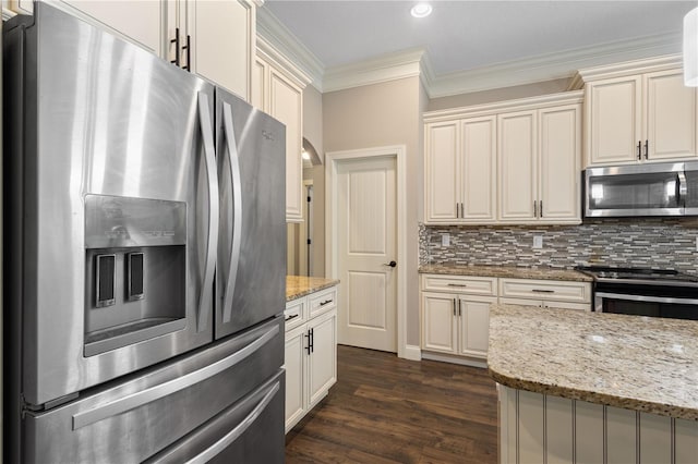 2758 Morrietta Ln, North Port, FL 34286 - kitchen with appliances with stainless steel finishes, ornamental molding, backsplash, light stone countertops, and dark wood-style floors