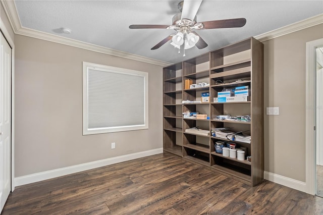 2758 Morrietta Ln, North Port, FL 34286 - bedroom with dark wood-style floors, ornamental molding, baseboards, a ceiling fan, and a closet