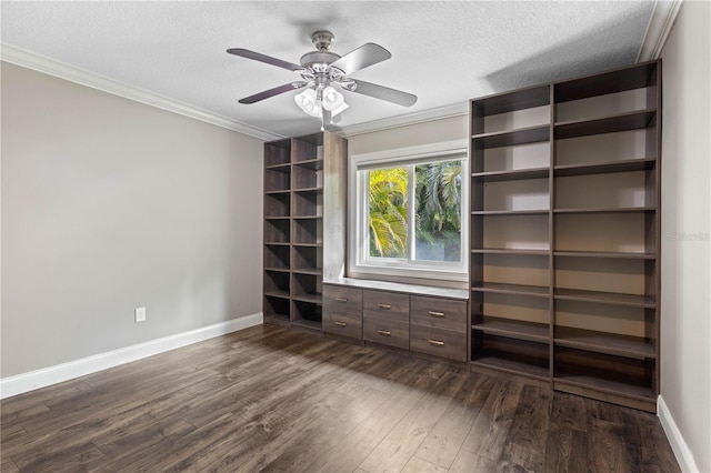 2758 Morrietta Ln, North Port, FL 34286 - unfurnished bedroom featuring crown molding, dark wood-style floors, baseboards, a textured ceiling, and a ceiling fan
