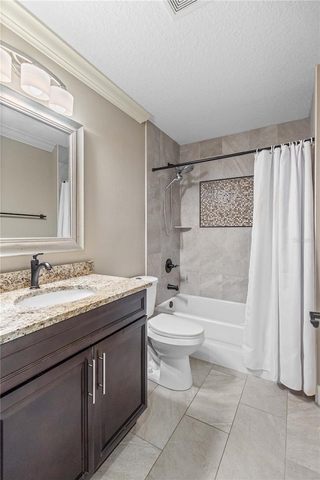 2758 Morrietta Ln, North Port, FL 34286 - bathroom featuring a textured ceiling, vanity, shower / tub combo, toilet, and ornamental molding