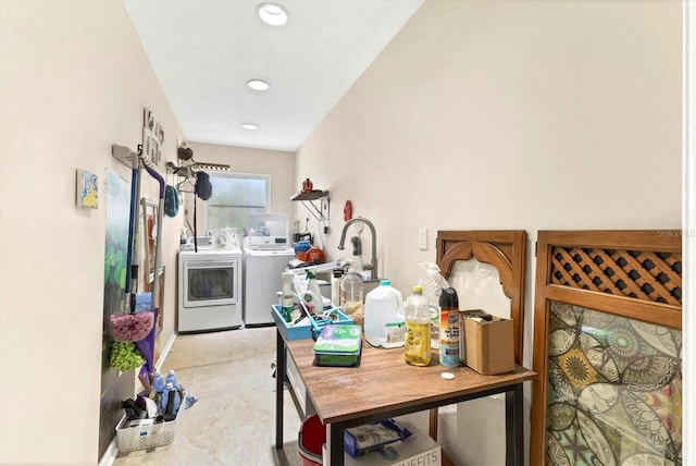 305 E Wentworth Cir, Englewood, FL 34223 - clothes washing area with washing machine and dryer, carpet, and recessed lighting
