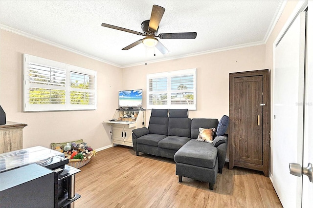 305 E Wentworth Cir, Englewood, FL 34223 - sitting room featuring light wood-type flooring, crown molding, ceiling fan, baseboards, and a textured ceiling