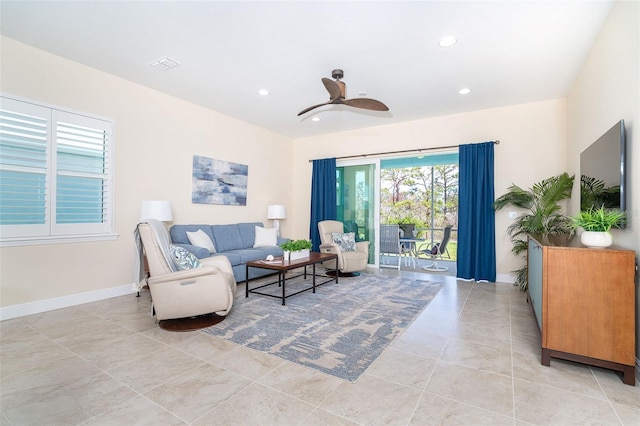 8952 Scallop Way, Placida, FL 33946 - living area with light tile patterned flooring, recessed lighting, ceiling fan, and baseboards