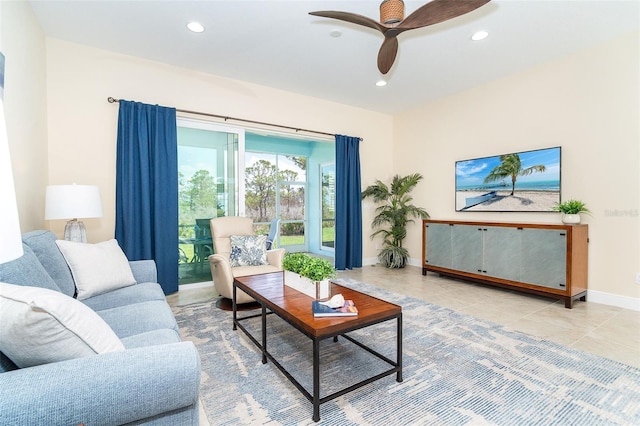 8952 Scallop Way, Placida, FL 33946 - living room with recessed lighting, baseboards, a ceiling fan, and tile patterned floors