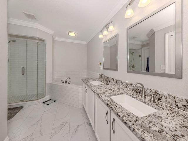 3695 Waffle Ter, North Port, FL 34286 - bathroom with crown molding, double vanity, a garden tub, a stall shower, and marble look tiles