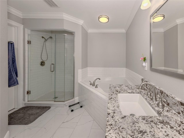 3695 Waffle Ter, North Port, FL 34286 - bathroom with a bath, a shower stall, crown molding, vanity, and marble finish floors