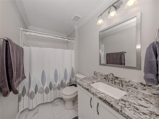 3695 Waffle Ter, North Port, FL 34286 - full bath featuring crown molding, vanity, marble look tile flooring, toilet, and a shower with curtain