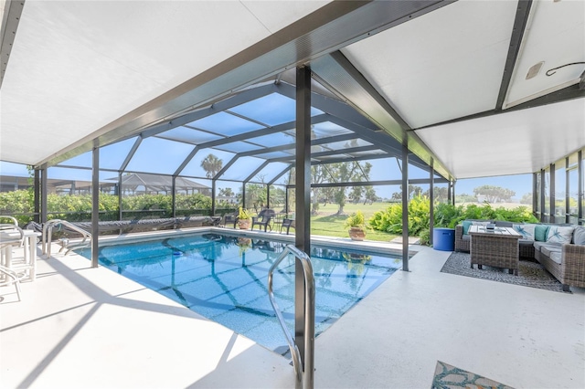 146 Rotonda Cir, Rotonda West, FL 33947 - swimming pool featuring an outdoor hangout area, a patio area, and glass enclosure