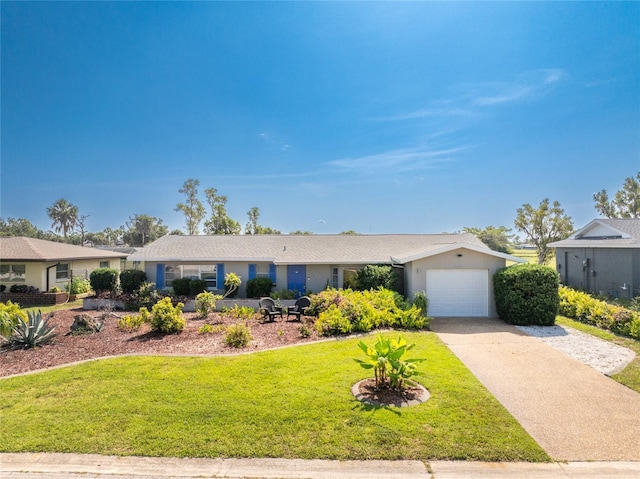 146 Rotonda Cir, Rotonda West, FL 33947 - ranch-style home with an attached garage, driveway, a front yard, and stucco siding