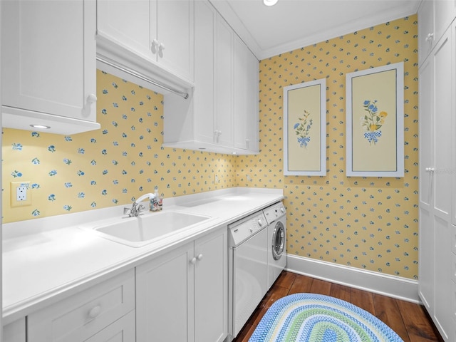 2979 Shore Ln, Boca Grande, FL 33921 - laundry room with wallpapered walls, cabinet space, separate washer and dryer, baseboards, and dark wood-style flooring
