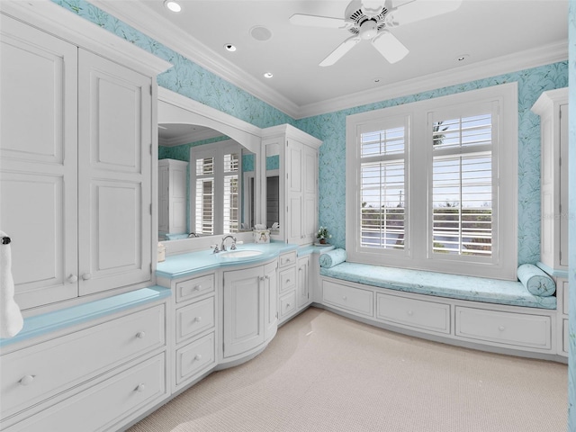 2979 Shore Ln, Boca Grande, FL 33921 - bathroom with wallpapered walls, crown molding, healthy amount of natural light, vanity, and a ceiling fan