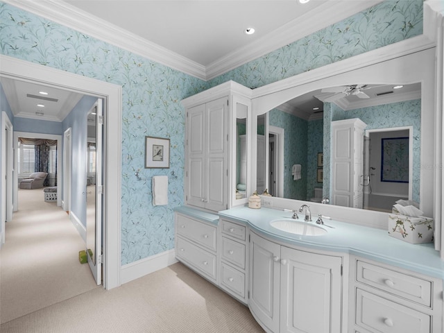 2979 Shore Ln, Boca Grande, FL 33921 - bathroom with crown molding, vanity, wallpapered walls, baseboards, and a ceiling fan
