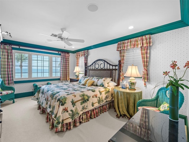 2979 Shore Ln, Boca Grande, FL 33921 - carpeted bedroom with wallpapered walls, ornamental molding, a ceiling fan, and baseboards