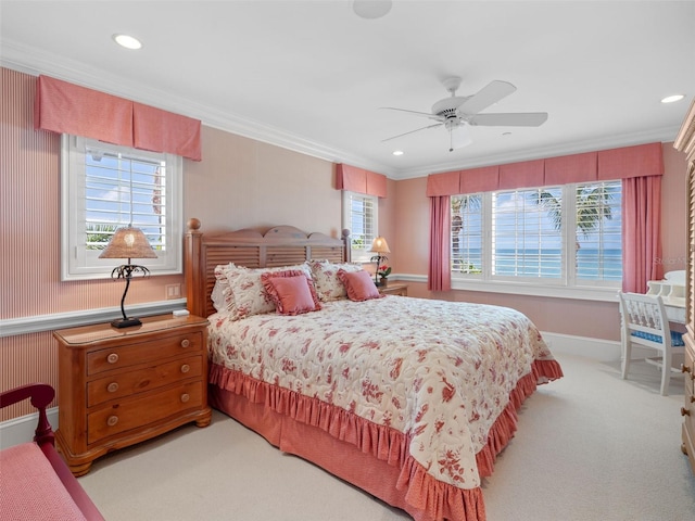2979 Shore Ln, Boca Grande, FL 33921 - bedroom with crown molding, light colored carpet, recessed lighting, ceiling fan, and baseboards