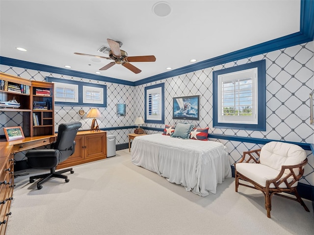 2979 Shore Ln, Boca Grande, FL 33921 - carpeted bedroom with crown molding, a desk, wallpapered walls, a ceiling fan, and recessed lighting