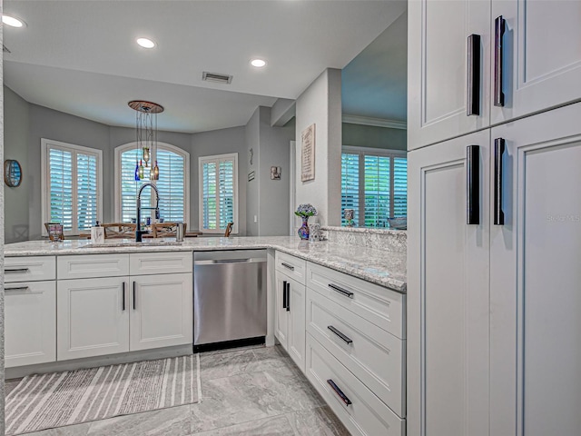 2590 Tarpon Cove Dr Unit 811, Punta Gorda, FL 33950 - kitchen featuring dishwasher, a sink, light marble finish flooring, recessed lighting, and light stone countertops