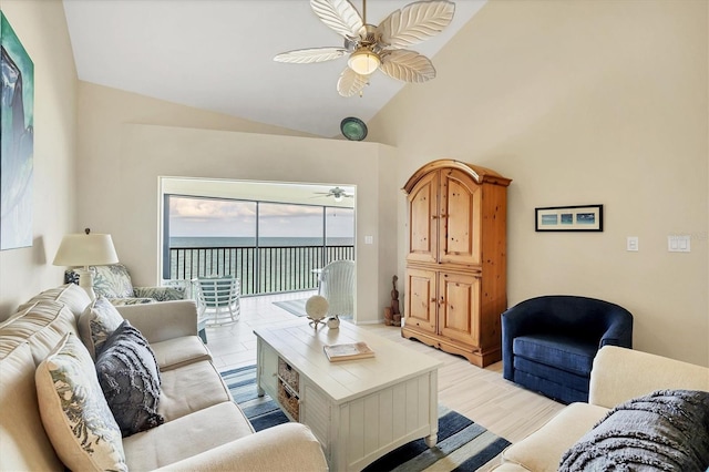 2700 N Beach Rd Unit B205, Englewood, FL 34223 - living room featuring a ceiling fan and lofted ceiling