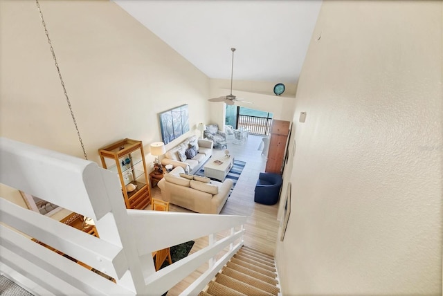 2700 N Beach Rd Unit B205, Englewood, FL 34223 - living room featuring high vaulted ceiling, wood finished floors, and ceiling fan