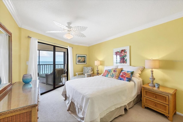 2700 N Beach Rd Unit B205, Englewood, FL 34223 - bedroom featuring access to outside, light colored carpet, ornamental molding, ceiling fan, and a water view