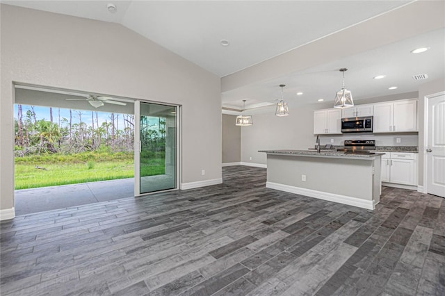 13529 Boatbill Ln, Port Charlotte, FL 33981 - kitchen with stainless steel appliances, white cabinetry, dark wood-style flooring, recessed lighting, and open floor plan