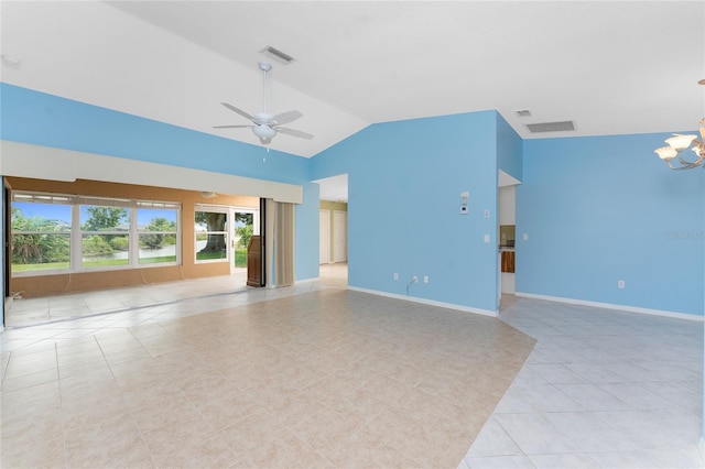 23 Bunker Cir, Rotonda West, FL 33947 - unfurnished living room with lofted ceiling, light tile patterned floors, a chandelier, a ceiling fan, and baseboards