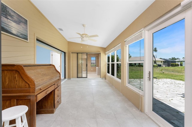 23 Bunker Cir, Rotonda West, FL 33947 - unfurnished sunroom featuring lofted ceiling, a ceiling fan, and tile patterned flooring