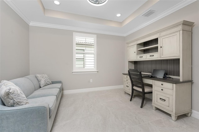 13859 Vadini St, Venice, FL 34293 - office space with built in study area, a raised ceiling, baseboards, ornamental molding, and recessed lighting