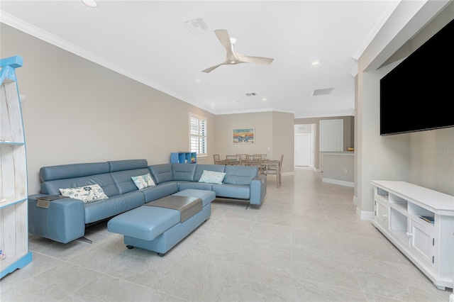13859 Vadini St, Venice, FL 34293 - living room featuring crown molding, a ceiling fan, recessed lighting, baseboards, and light tile patterned flooring