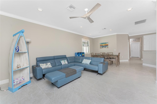 13859 Vadini St, Venice, FL 34293 - living area with baseboards, recessed lighting, a ceiling fan, light tile patterned floors, and ornamental molding