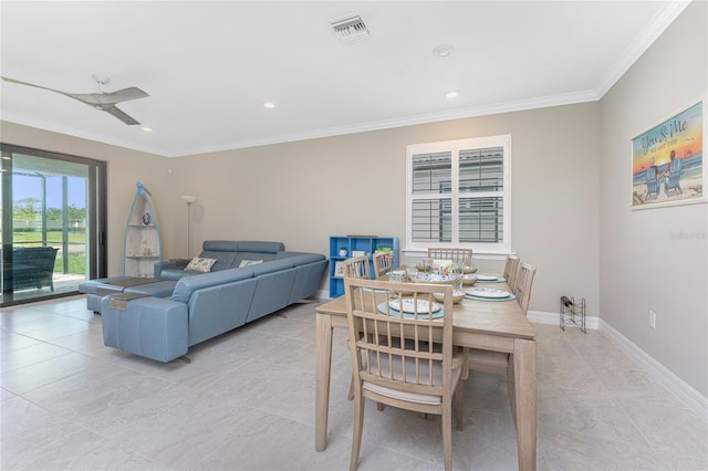 13859 Vadini St, Venice, FL 34293 - dining area with crown molding, baseboards, recessed lighting, and ceiling fan