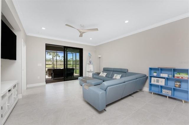 13859 Vadini St, Venice, FL 34293 - living room featuring ceiling fan, ornamental molding, recessed lighting, baseboards, and light tile patterned flooring
