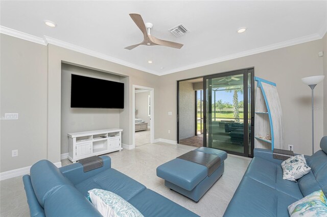 13859 Vadini St, Venice, FL 34293 - living area with a ceiling fan, ornamental molding, recessed lighting, and baseboards