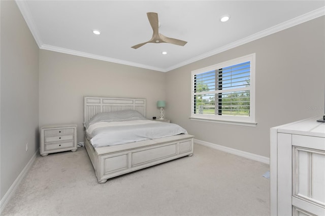 13859 Vadini St, Venice, FL 34293 - bedroom with light colored carpet, ornamental molding, baseboards, recessed lighting, and ceiling fan