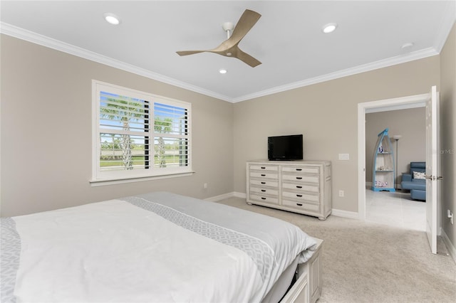 13859 Vadini St, Venice, FL 34293 - bedroom featuring light carpet, baseboards, crown molding, recessed lighting, and ceiling fan