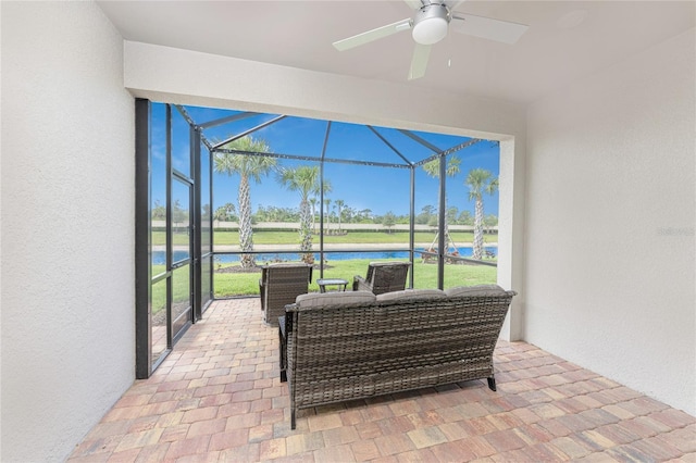13859 Vadini St, Venice, FL 34293 - view of patio / terrace with a water view, ceiling fan, and glass enclosure