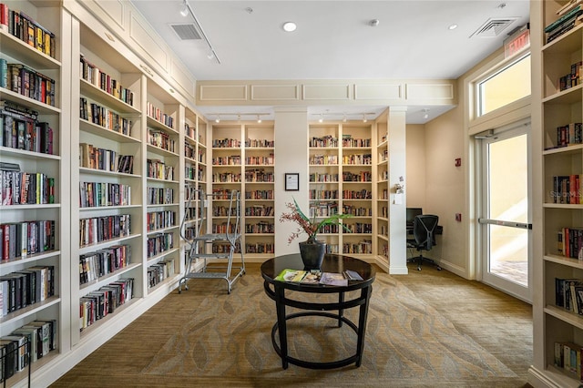 13859 Vadini St, Venice, FL 34293 - living area with bookshelves, carpet floors, and built in features