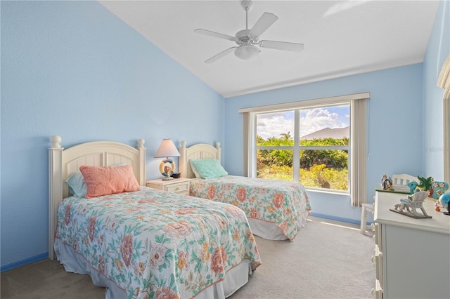 116 Tournament Rd, Rotonda West, FL 33947 - bedroom with light carpet, vaulted ceiling, baseboards, and ceiling fan