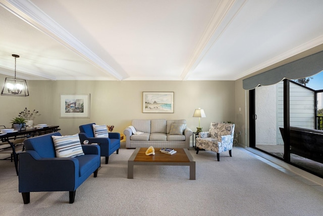 5700 Gulf Shores Dr Unit B-137, Boca Grande, FL 33921 - carpeted living area featuring crown molding, a chandelier, and beam ceiling
