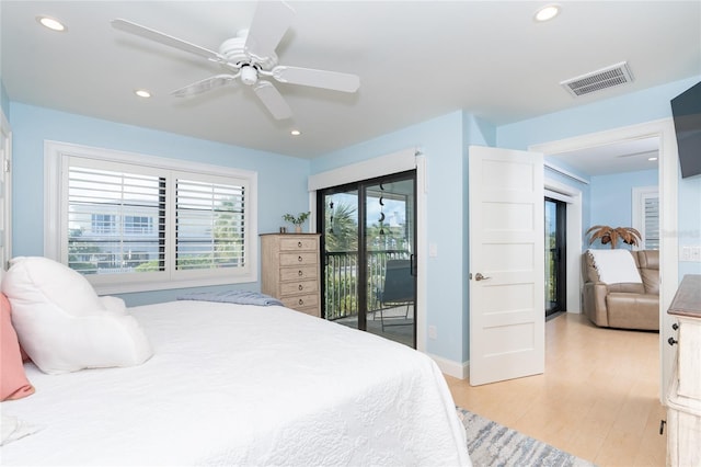 180 N Gulf Blvd Unit 5, Placida, FL 33946 - bedroom with access to exterior, recessed lighting, light wood-type flooring, a ceiling fan, and baseboards