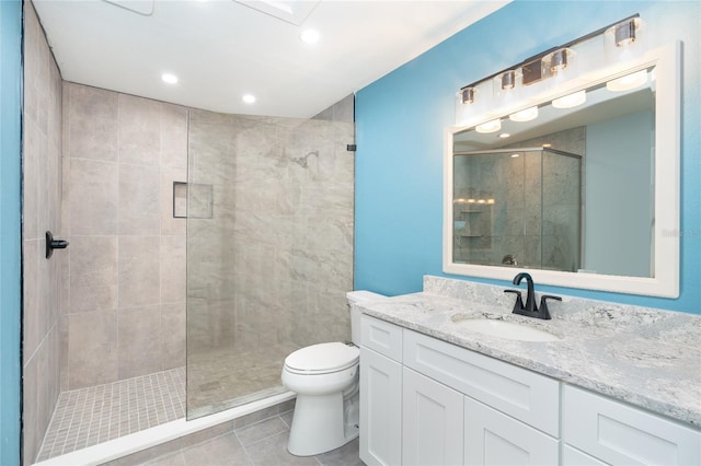 180 N Gulf Blvd Unit 5, Placida, FL 33946 - full bathroom featuring tiled shower, toilet, vanity, tile patterned flooring, and recessed lighting